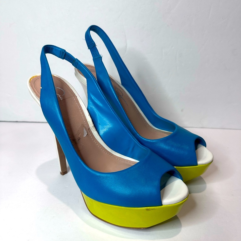 Jessica Simpson Blue and Yellow Slingback Heels